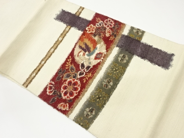 手織り紬丸文に花鳥模様織出し名古屋帯